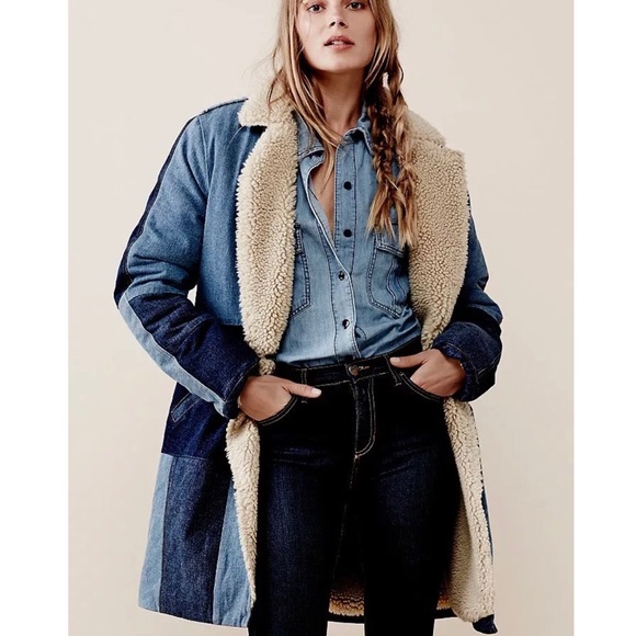 Free People Jackets & Blazers - Free People Denim Patchwork Sherpa Lined Coat